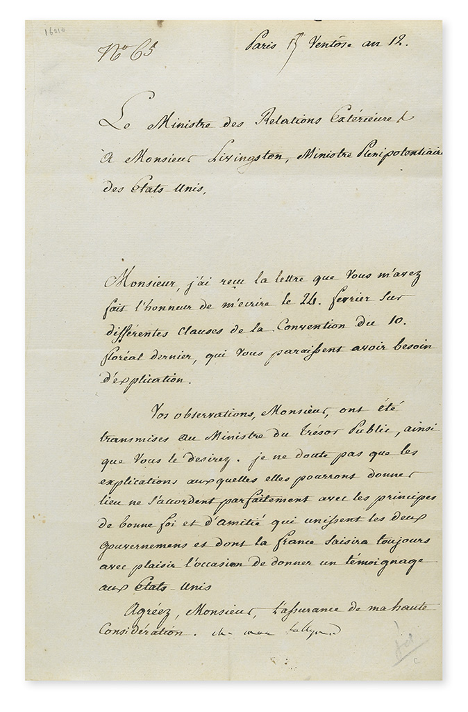 TALLEYRAND-PÉRIGORD, CHARLES MAURICE DE. Letter Signed, ch mau talleyrand, as Minister of Foreign Affairs, to Minister Plenipotentiar
